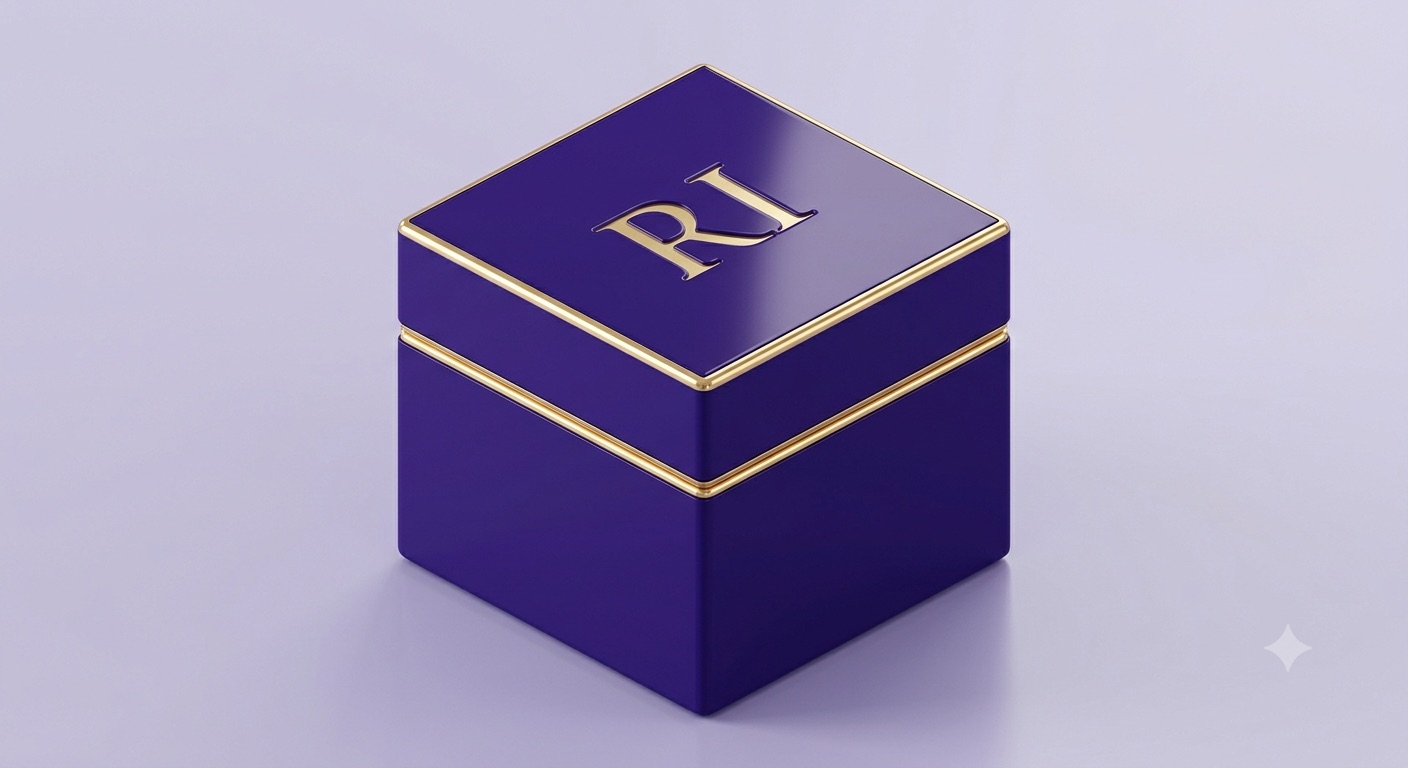 The Royal Inventory box — deep purple lacquer with a gold RI monogram, resting in soft light.
